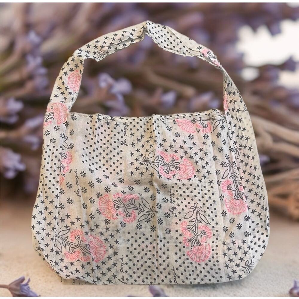 Free People Linen Tote Bag Boho Floral and Stars Slouchy Oversized 19x19 - Picture 2 of 4